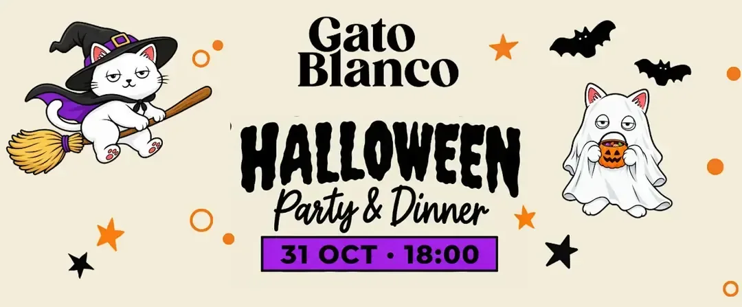 Cartel de Fiesta y cena Haloween en restaurante sin Gluten Gato Blanco