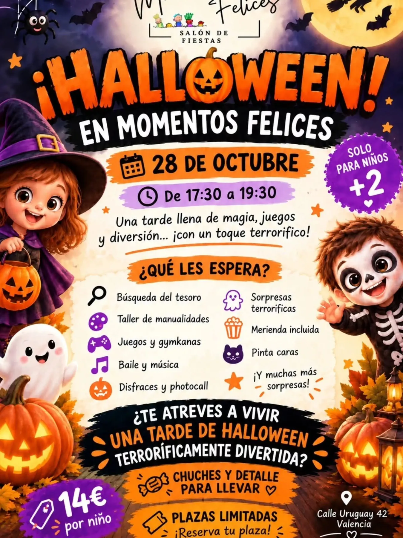 Cartel de Fiesta Halloween en salon de fiestas Momentos Felices